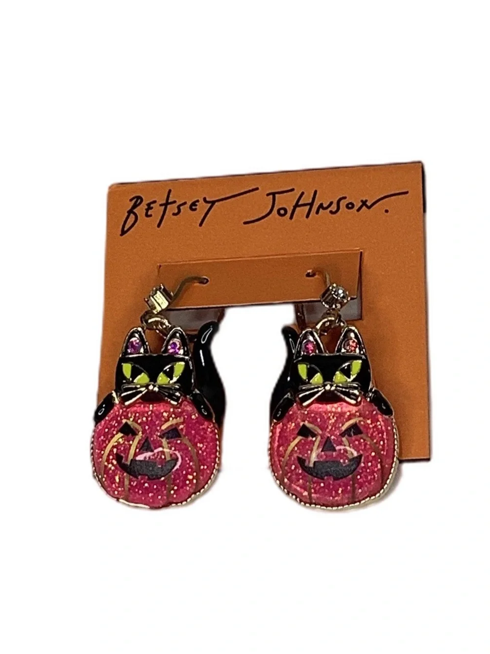 Betsey Johnson Halloween Black Cat Pink Pumpkin Drop Earrings New